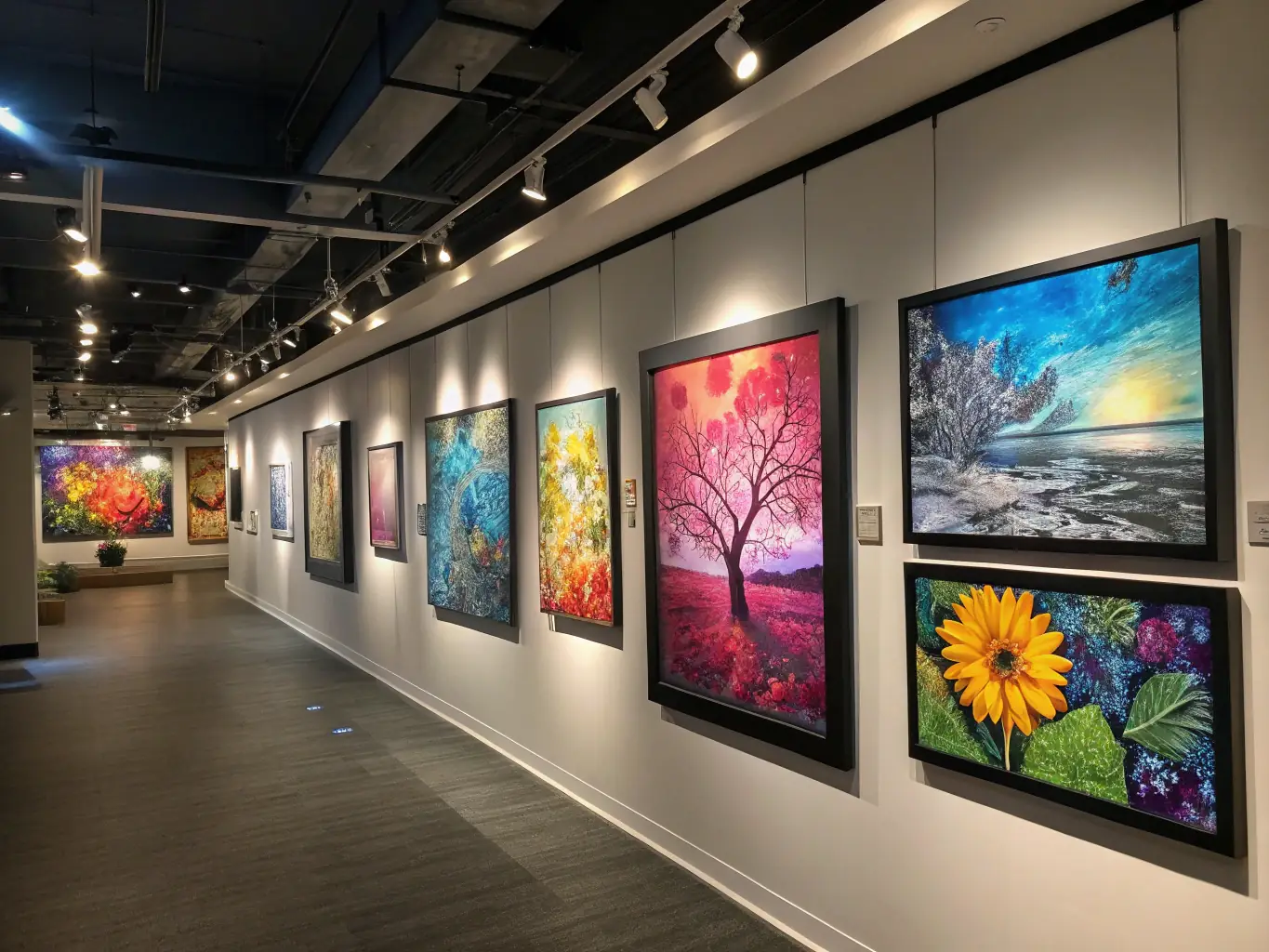 A gallery wall displaying diverse artworks in a well-lit exhibition space, showcasing DEVIATION 88's visual arts exhibitions.