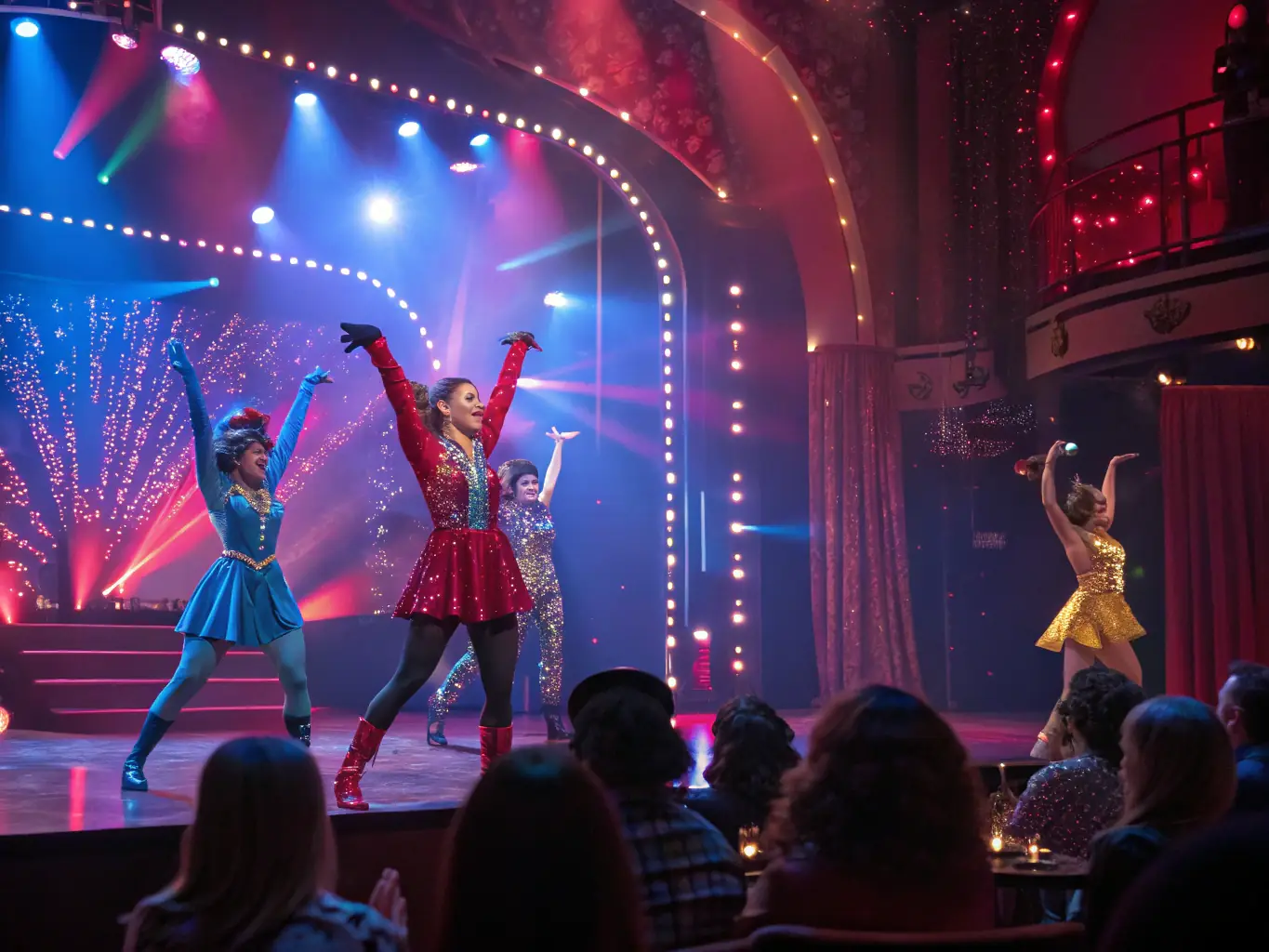 A lively scene of performers in colorful costumes entertaining an enthusiastic crowd at a DEVIATION 88 cabaret show.