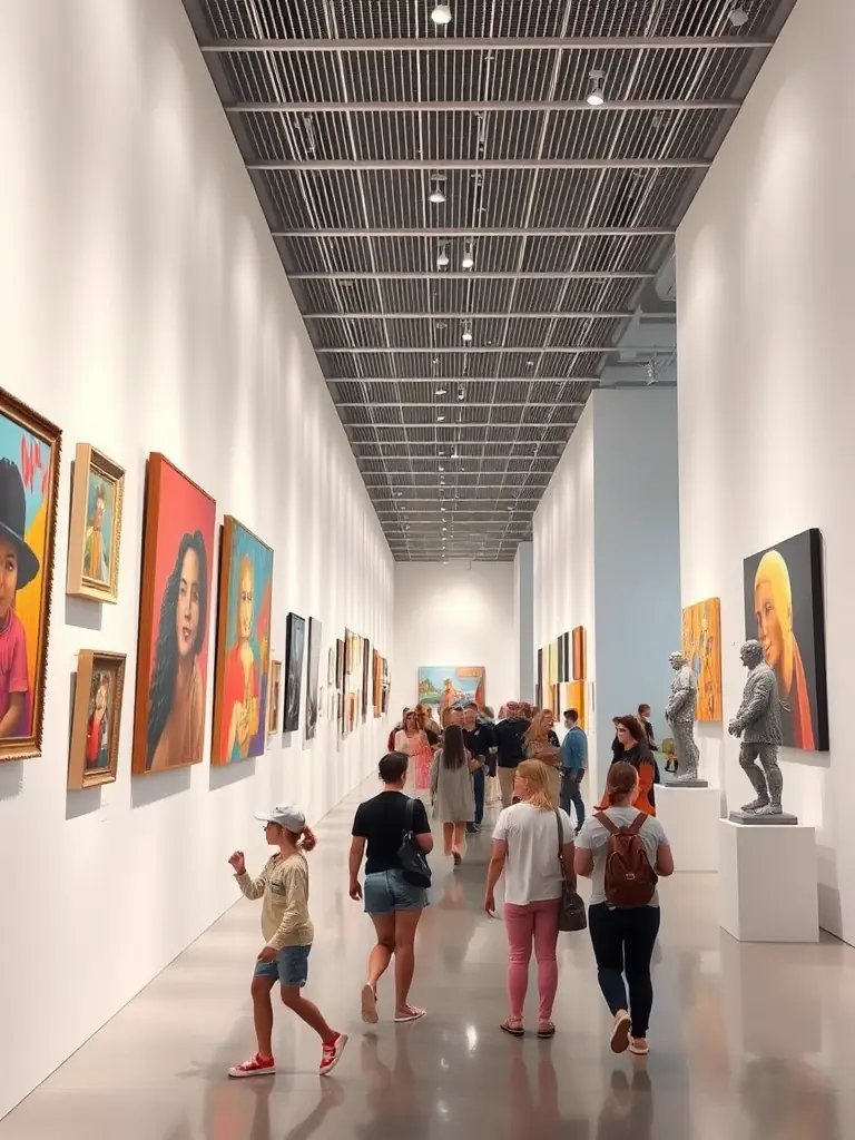 A photograph of an art exhibition hosted by DEVIATION 88, displaying various paintings and sculptures with visitors admiring the artwork.